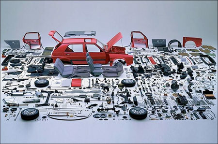 Image of a disassembled Volkswagon Golf Mark II. Photographer Unknown