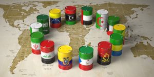 oil barrels featuring flags of OPEC nations