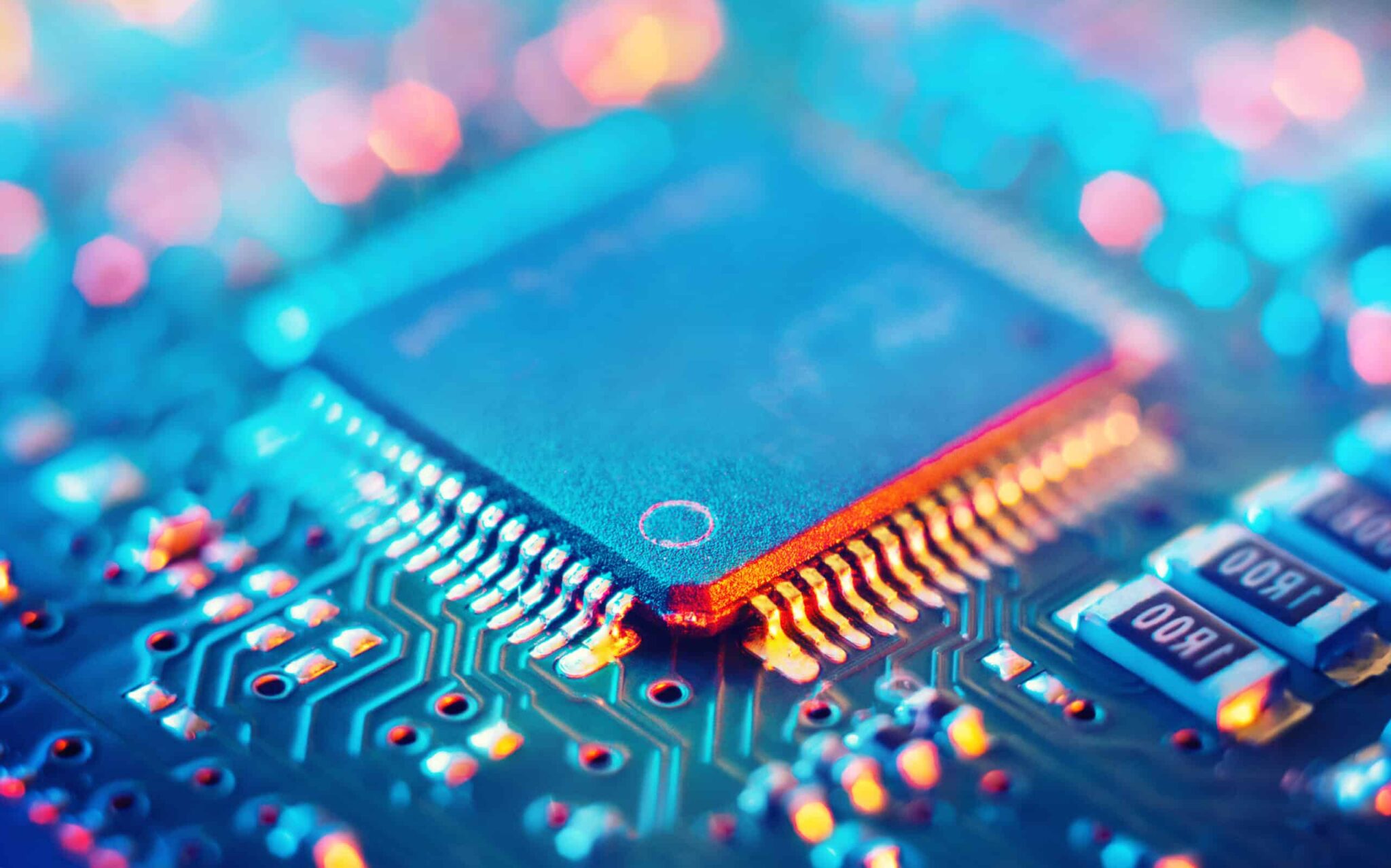 Computer Microchips and Processors on Electronic circuit board.