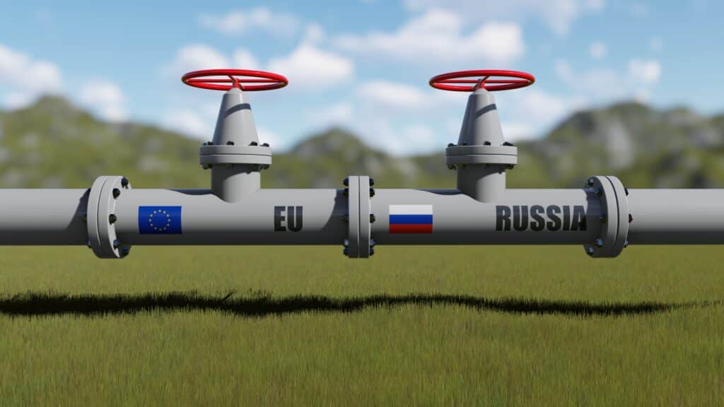 The gas pipeline with flags of Russia and EU. 3d rendering