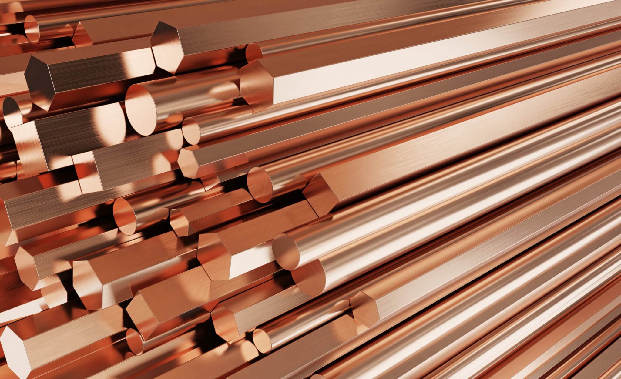 Copper metal products. Stack of round, square, hexagonal copper
