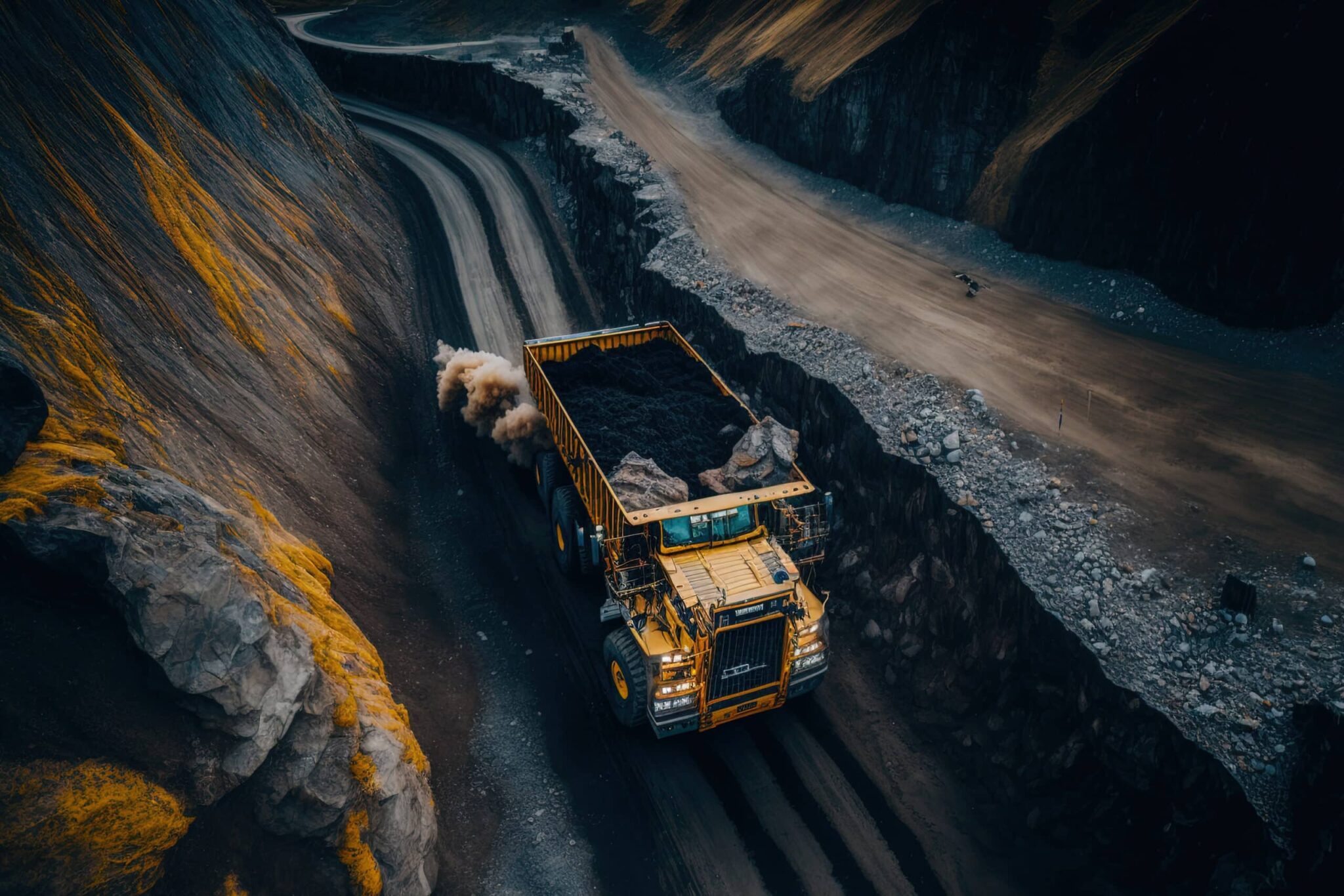 aerial panorama of a coal mine. Big yellow mining truck for a coal quarry in an open pit mine. Anthracite mining is open coal mining. Pit on open air coal mining. putting rocks into trucks. Generative AI